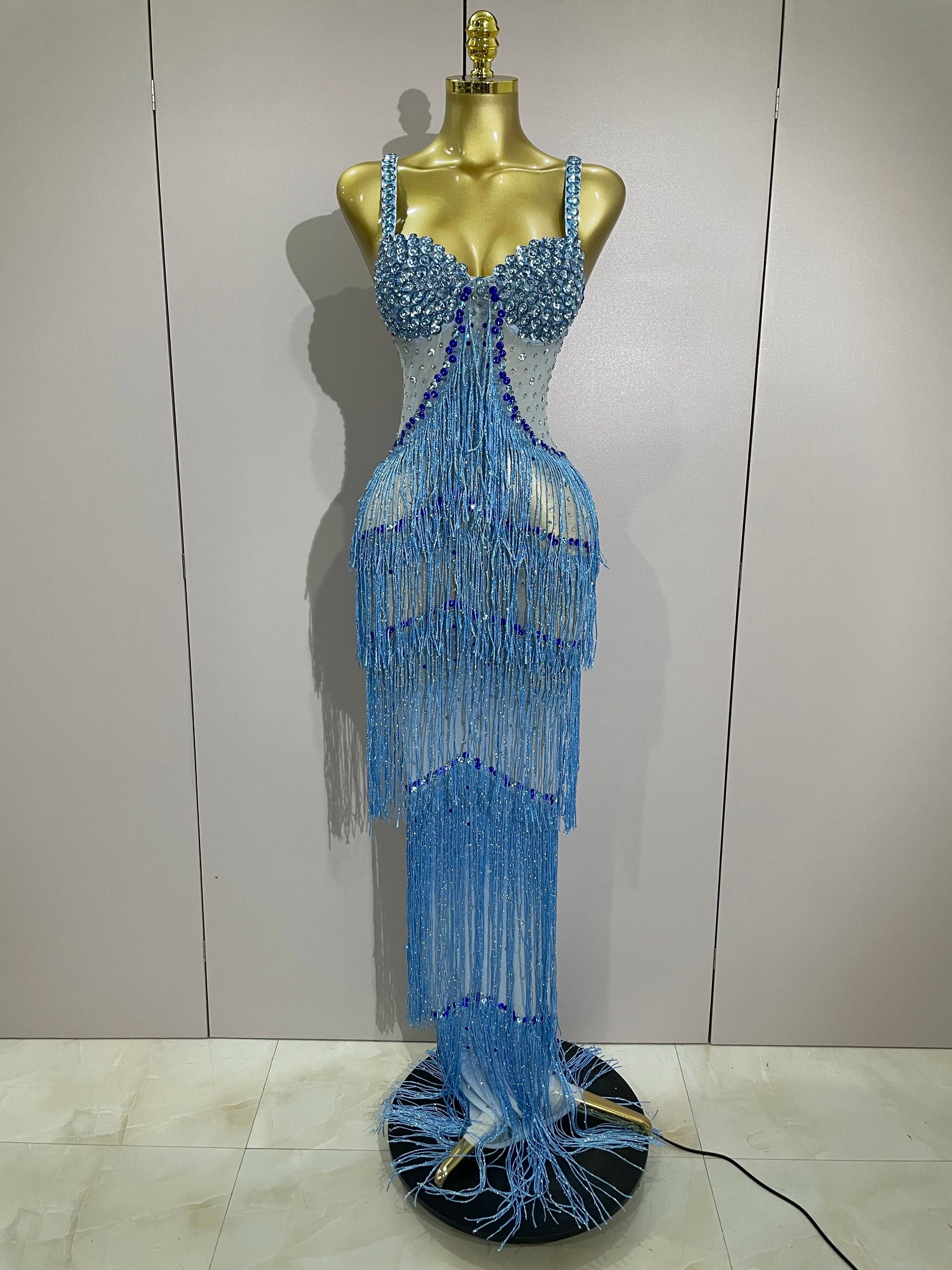 Sparkly Rhinestones Tassel sexy Mesh Slip Long Dress Women Celebrate Evening Prom Birthday paty Dress Photoshoot Stage Wear Blue