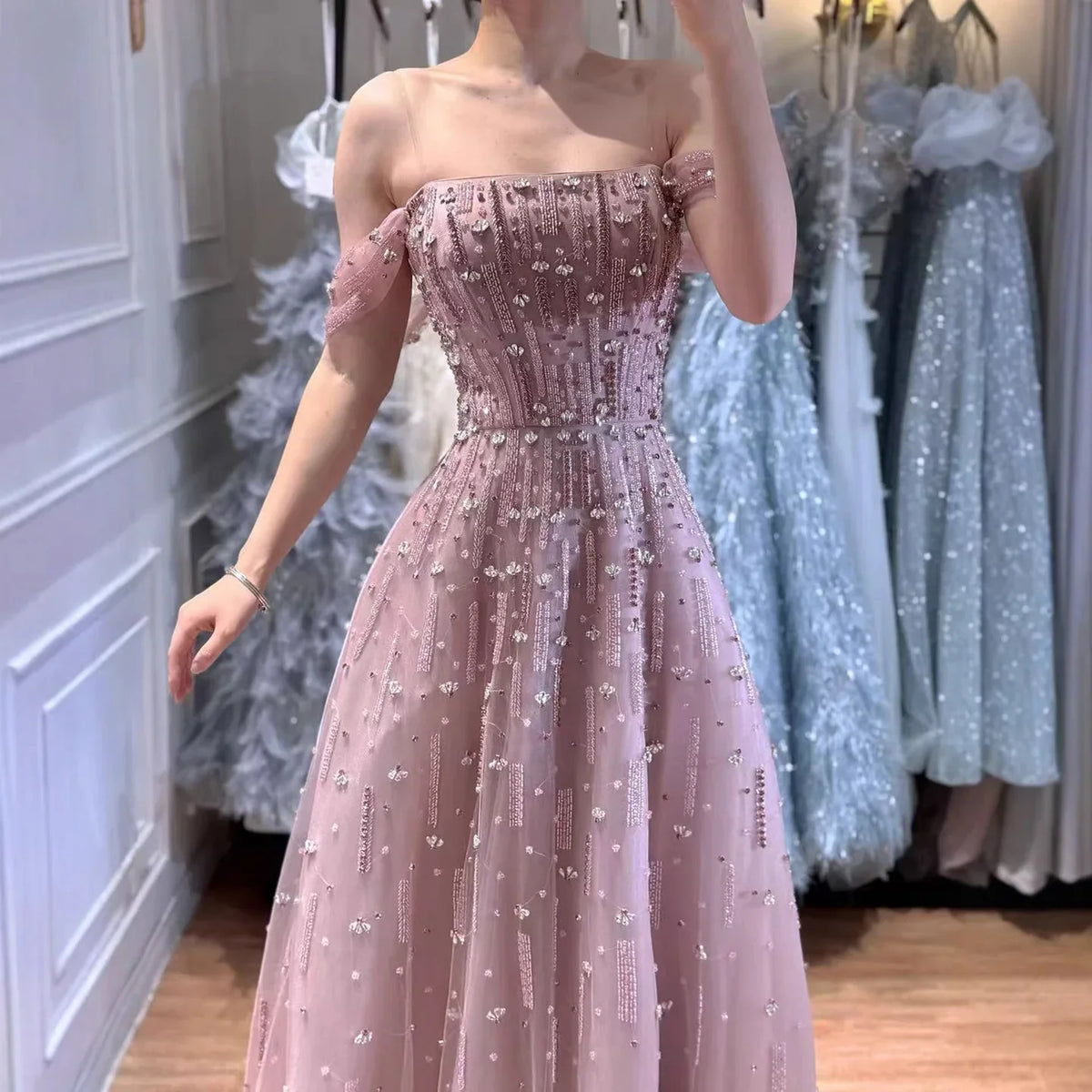 Zapdress Caramel A-Line Beaded Evening Gown Off Shoulder Formal Party Prom Dress Robe de Soirée 2026 Customized (ZD17268)