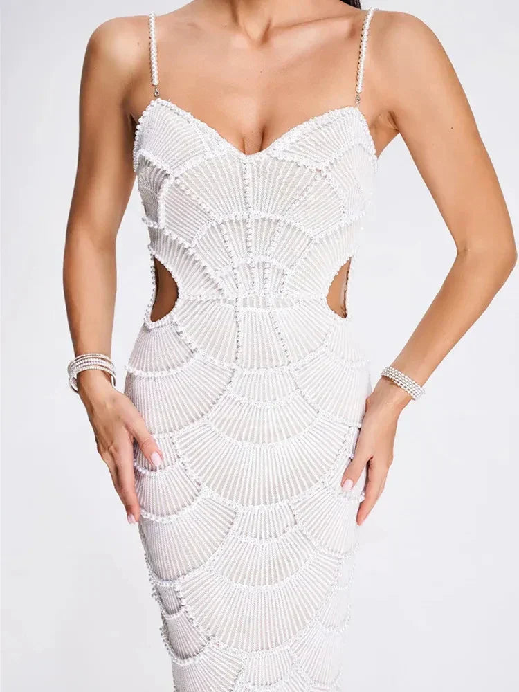 Women V Neck White Pearl Beading Maxi Dress