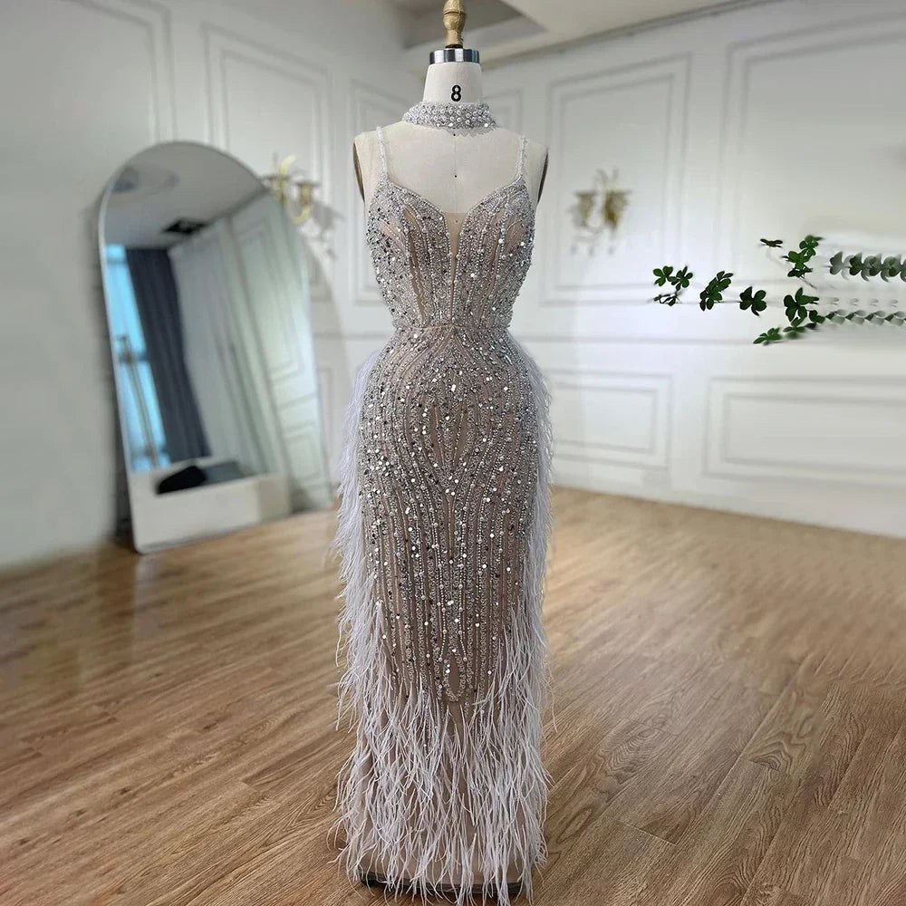 Zapdress Customized White Nude Mermaid Beaded Feather Evening Gowns 2026 Wedding Party Prom Dresses For Women (ZD17271)