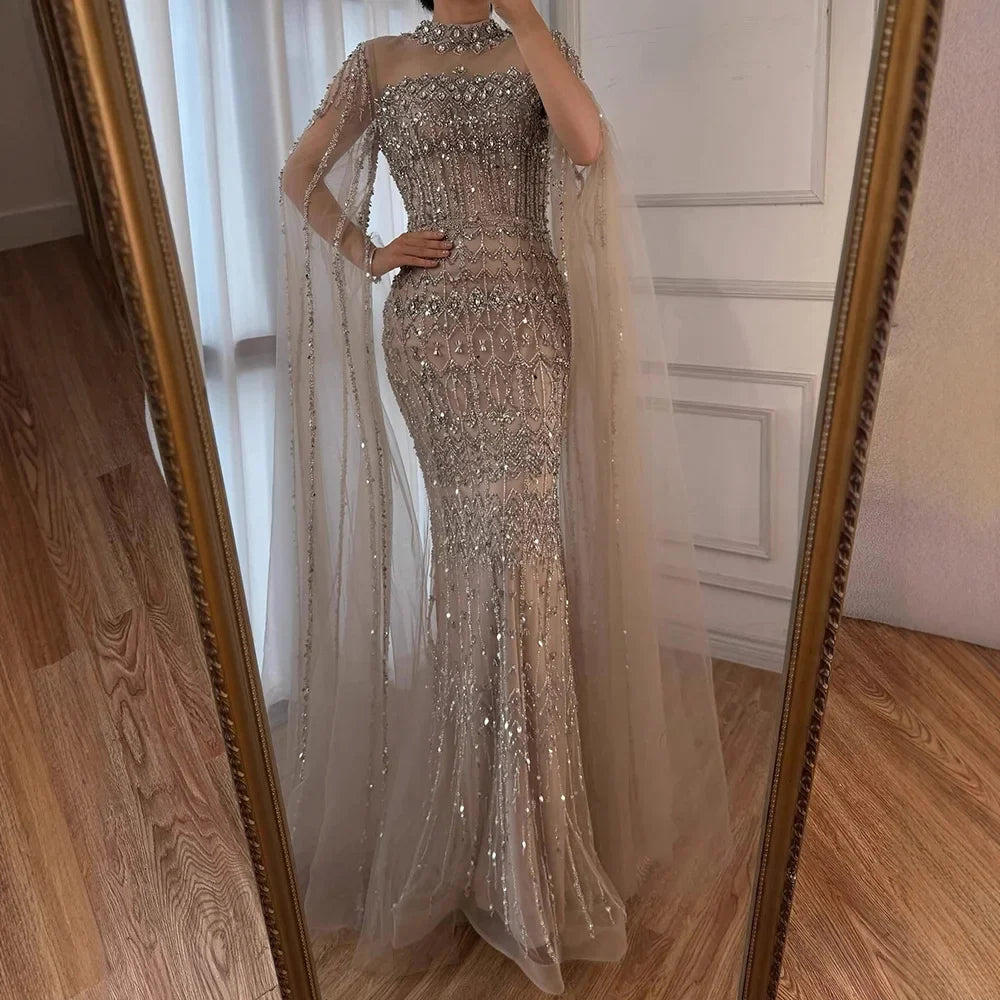 Zapdress Dubai Blue Beaded Evening Dress with Cape Sleeves 2025 Formal Party Gowns for Women DLA72714A Customized (ZD17279)