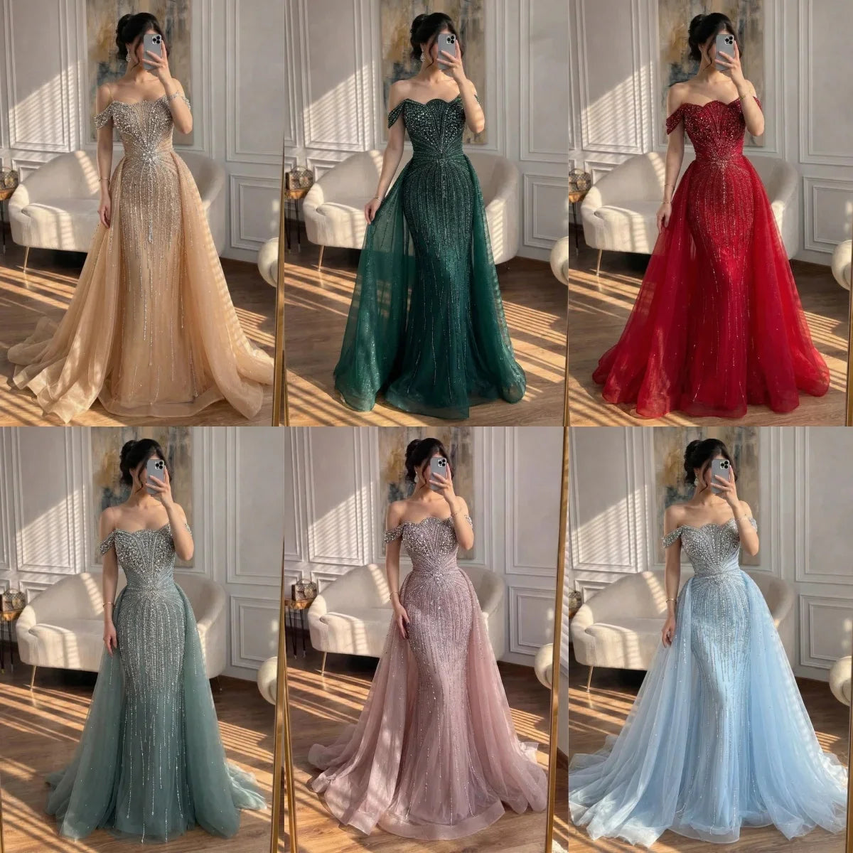 Zapdress Green Mermaid Beaded Evening Party Gown 2026 Elegant Off-Shoulder Runway Dress with Overskirt Customized (ZD17288)