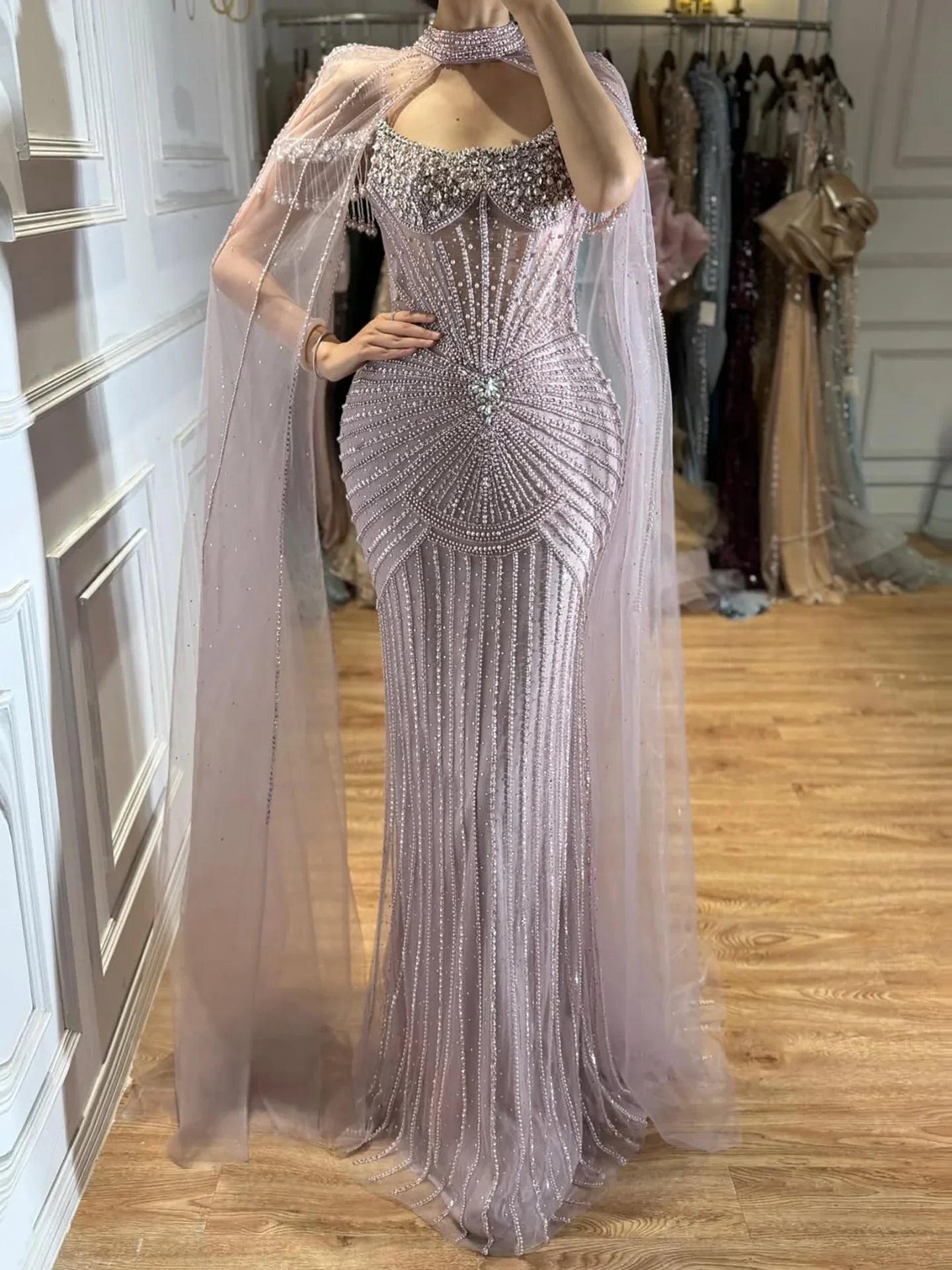 Zapdress Caramel Pearl Beaded Illusion Mermaid Evening Gown 2026 Party Dresses with Sheer Cape DLA73148C Customized (ZD17234)