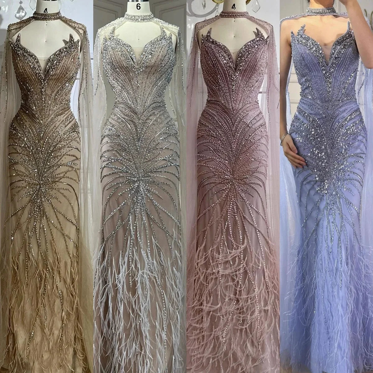 Zapdress White Nude Mermaid Evening Dresses with Cape Beaded Feathers Party Gowns for Formal Occasion Customized (ZD17198)