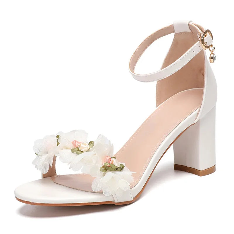 Fashion Summer Lace Flowers Pearls Ankle Strap Women Sandals Big Size 35-43 Thick High heels Sweet Girls Party Prom Shoes Pink