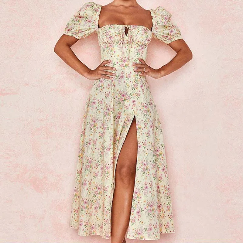 Split Short Sleeve A Line Floral Dress - View 9 | VelvetHem