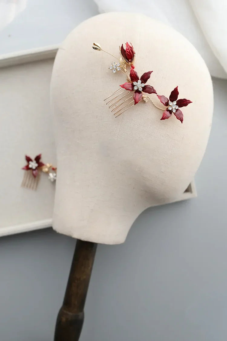Wedding Accessories Red Flower Hair Pin Clip Crystal Rhinestones Hairpins Brides Party Evening Dress Head pieces Bridal Jewelry
