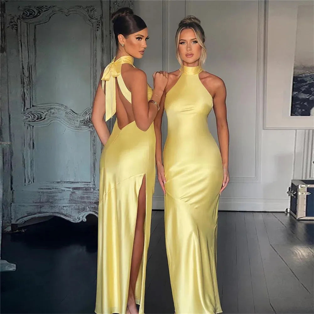 Modern Yellow Saudi Arabia Prom Dresses Mermaid Halter Pleated Backless Evening Dresses Dubai Women Party Gowns As Picture