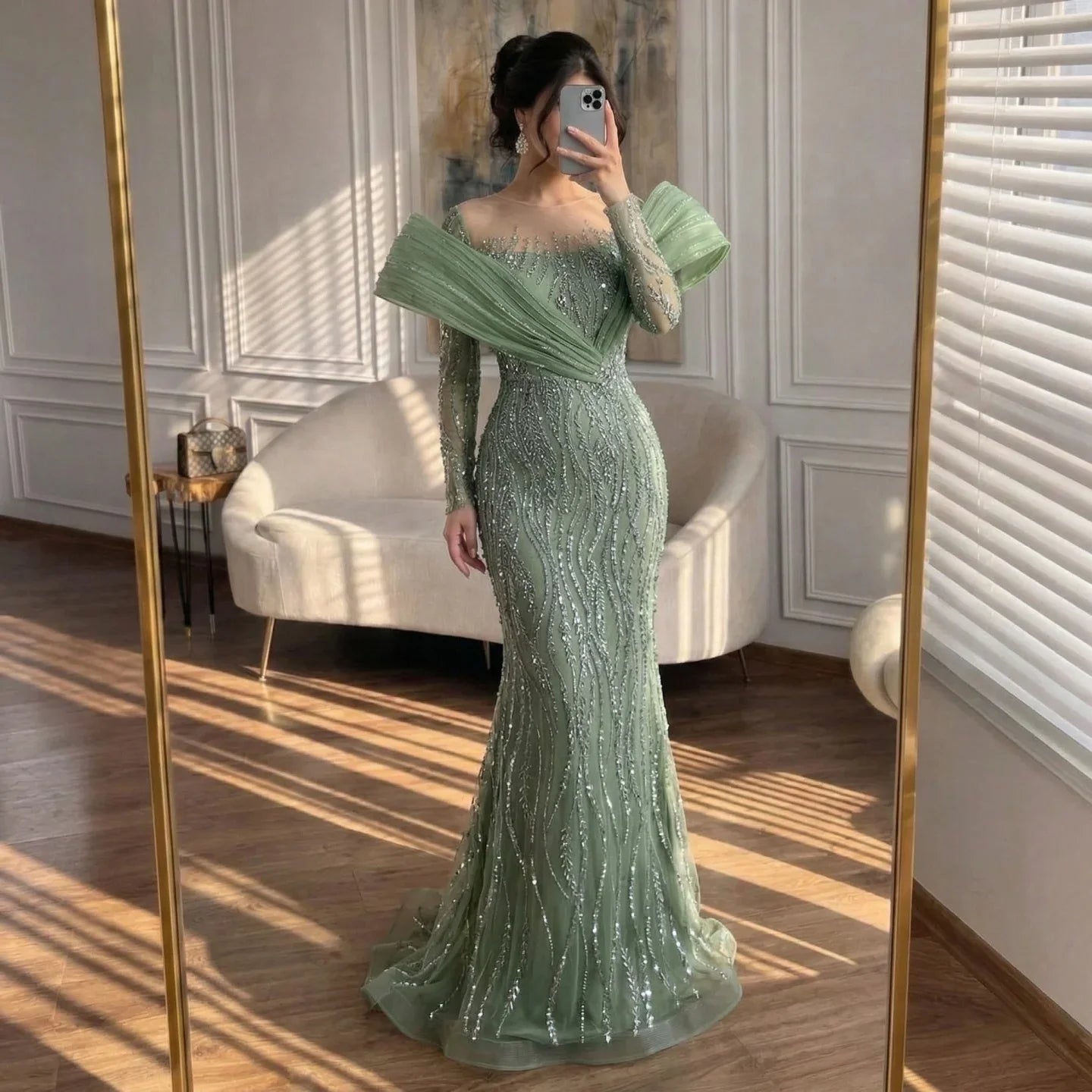 Zapdress Pink Long Sleeves Mermaid Beaded Evening Dresses Elegant Wedding Party Gowns for Women Customized (ZD17195)