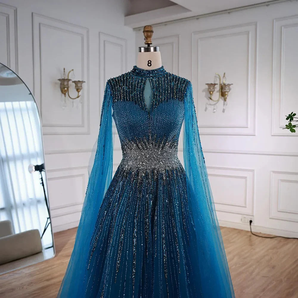Elegant Modest Blue Beaded Evening Dress with Cape Sleeves Dubai Gown Zapdress 2025 Customized (ZD17239)
