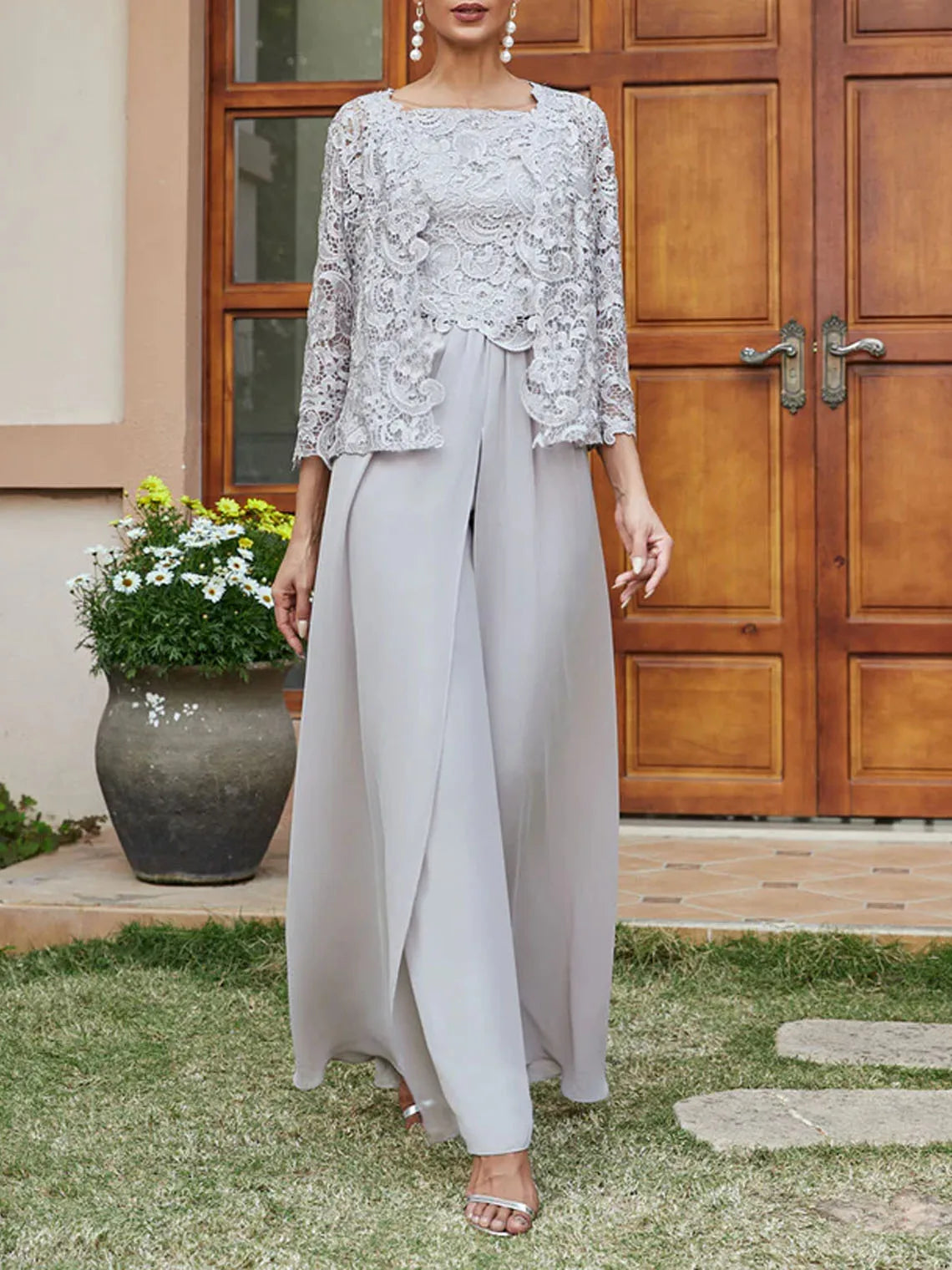 Mother Of The Bride Dress - Elegant 3 Piece Evening Dress Chiffon Lace Square Neck 3/4 Sleeve Floor-Length Appliques Jacket Prom GownFree Customized Silver