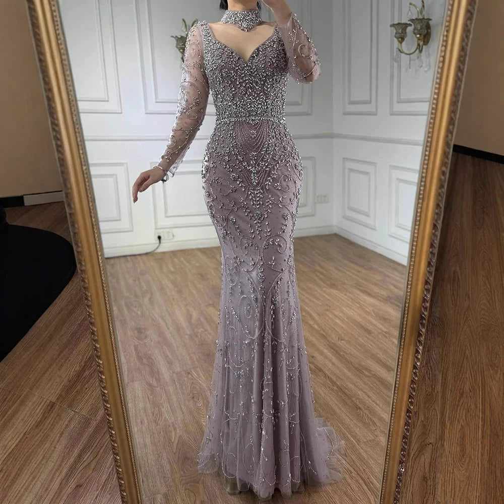 Zapdress Customized Turquoise Evening Dresses with Neck Lace 2026 Long Sleeves Mermaid Beaded Elegant Party Gowns DLA73042B (ZD17172)