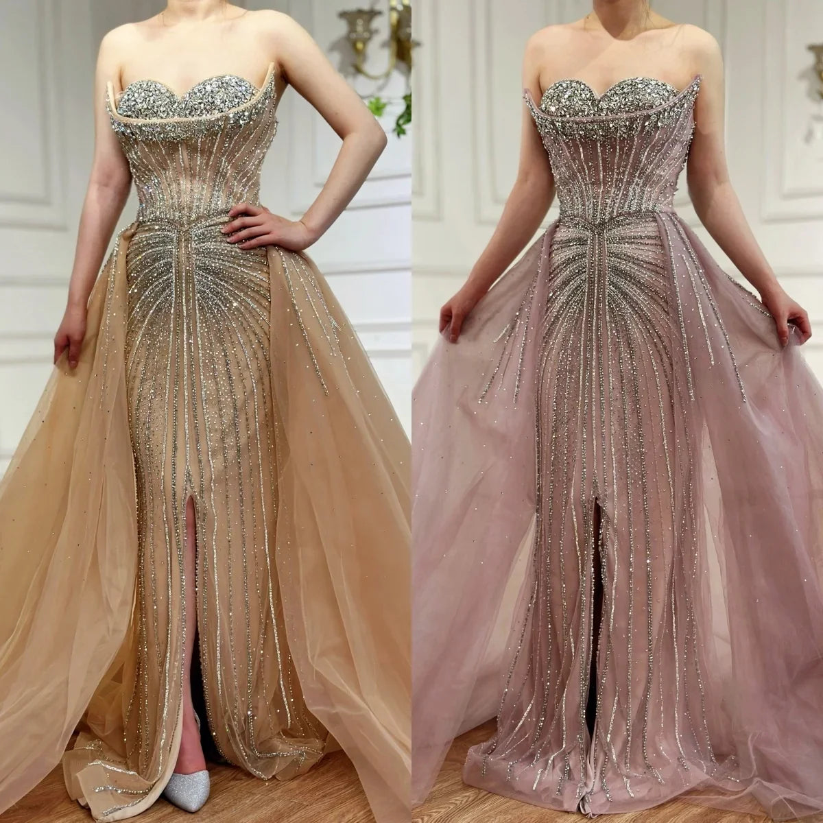 Zapdress Customized 2025 Pink Crystal Beaded Saudi Mermaid Evening Dresses Gowns with Overskirt for Formal Occasion (ZD17225)