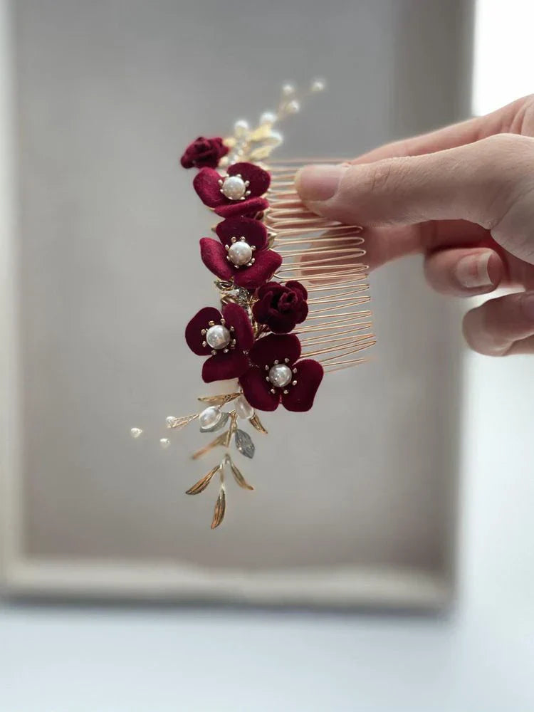 Burgundy Red Flower Head Piece Pearl Hair Comb Pin Women Brides Evening Party Dress Hairpin Bridal Jewelry Wedding Accessories
