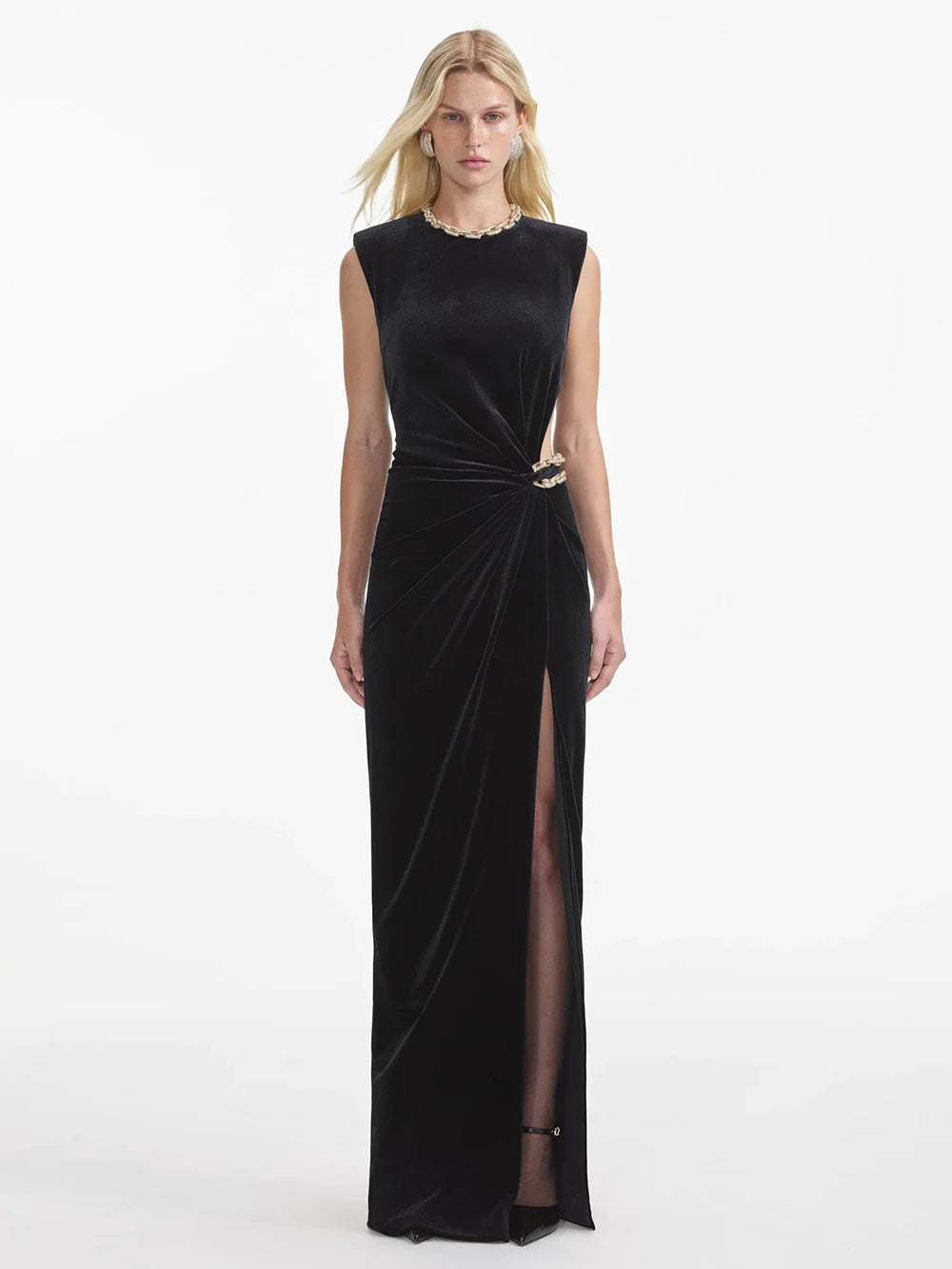 Elegant Diamond Chain High Waist hollow out Velvet Long Dress Women Sleeveless Shoulder Pad Dresses Female Evening Dresses Lady