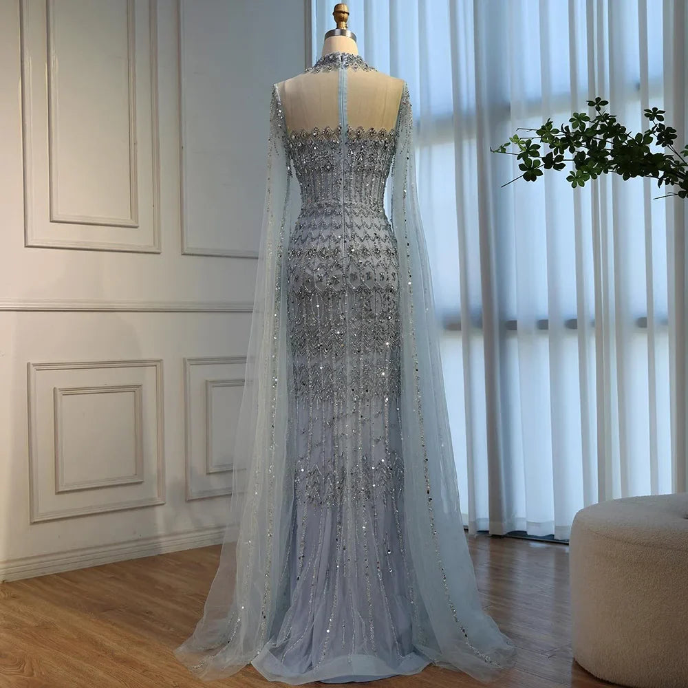 Zapdress Dubai Blue Beaded Evening Dress with Cape Sleeves 2025 Formal Party Gowns for Women DLA72714A Customized (ZD17279)