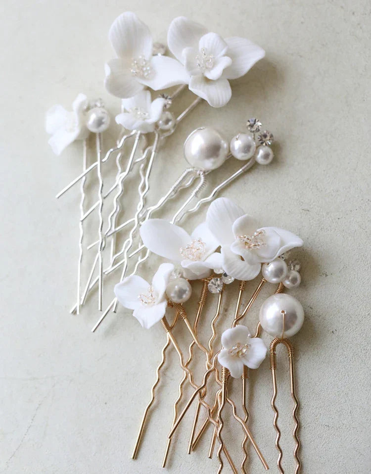 Porcelain Flower Hairpin Gold Silver Color Hair Pin Clip Women Bride Crystal Pearl Head Piece Bridal Jewelry Wedding Accessories