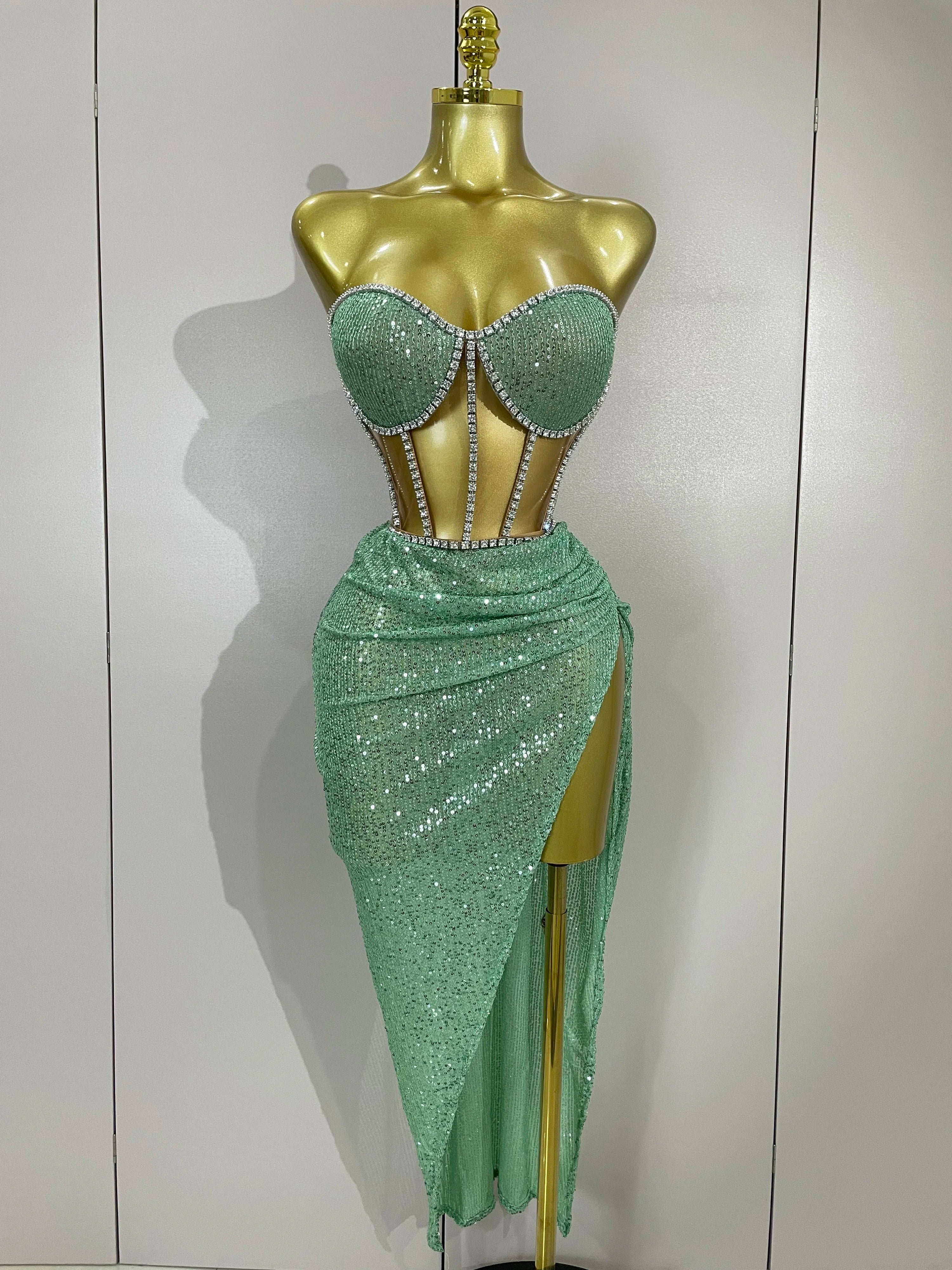 Sparkly Sequins Diamond Birthday Party Two Piece Set Evening Dress Women Sexy Singer Dancer NightClub Bar Performan Costume Mint