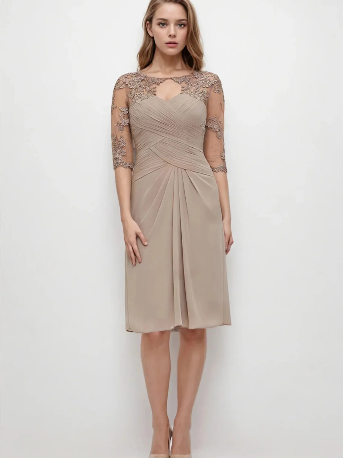 Mother Of The Bride Dress - Elegant Sheath Chiffon Dress Bateau Neckline Half Sleeve Knee-Length Appliqued Pleated Jacke Evening Dress Free Customized