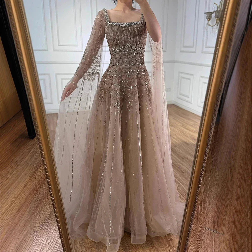 Zapdress Red Square Collar A-Line Beaded Evening Dress with Cape Sleeves 2026 Party Gowns for Women DLA73089A Customized (ZD17190)