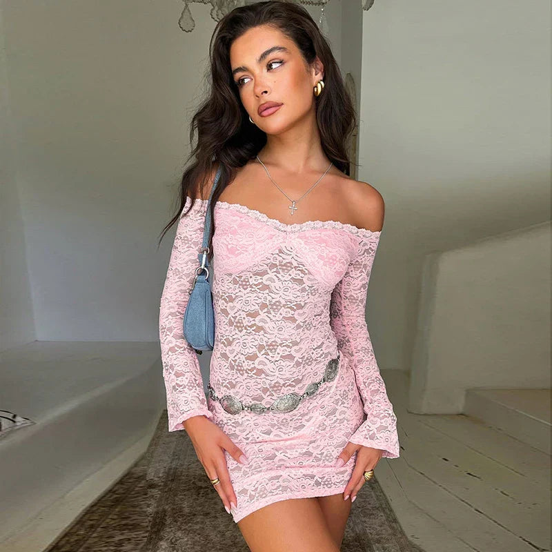Strapless Solid Long Sleeve Mini Lace Dress - View 2 | VelvetHem