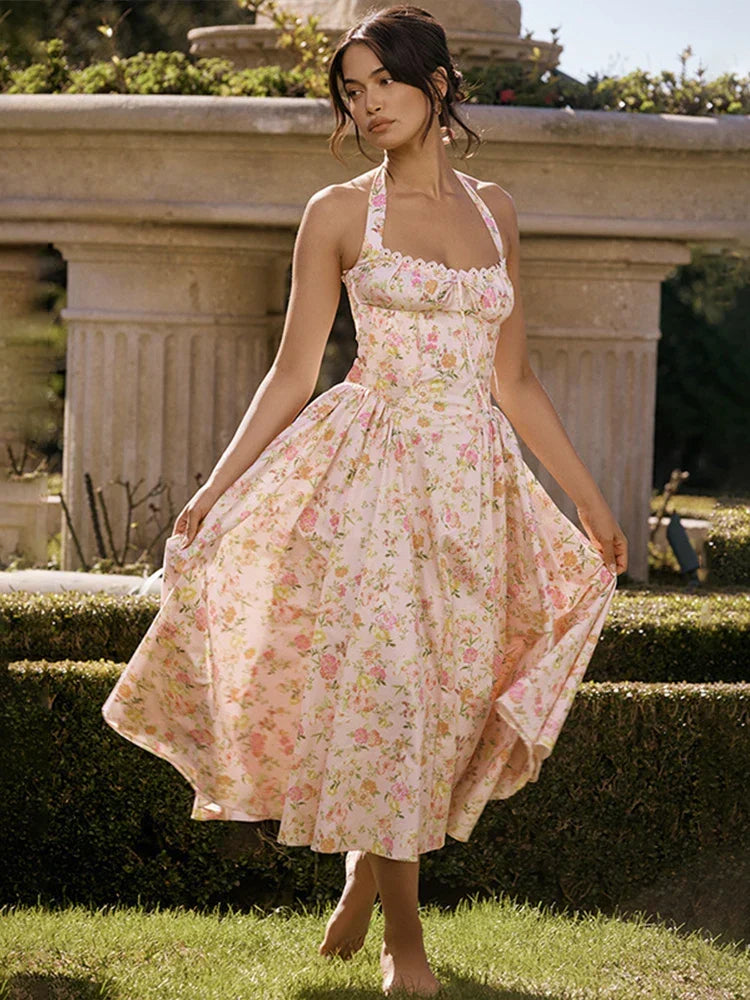 Print Wrap A-line Halter Midi Summer Dress - View 2 | VelvetHem