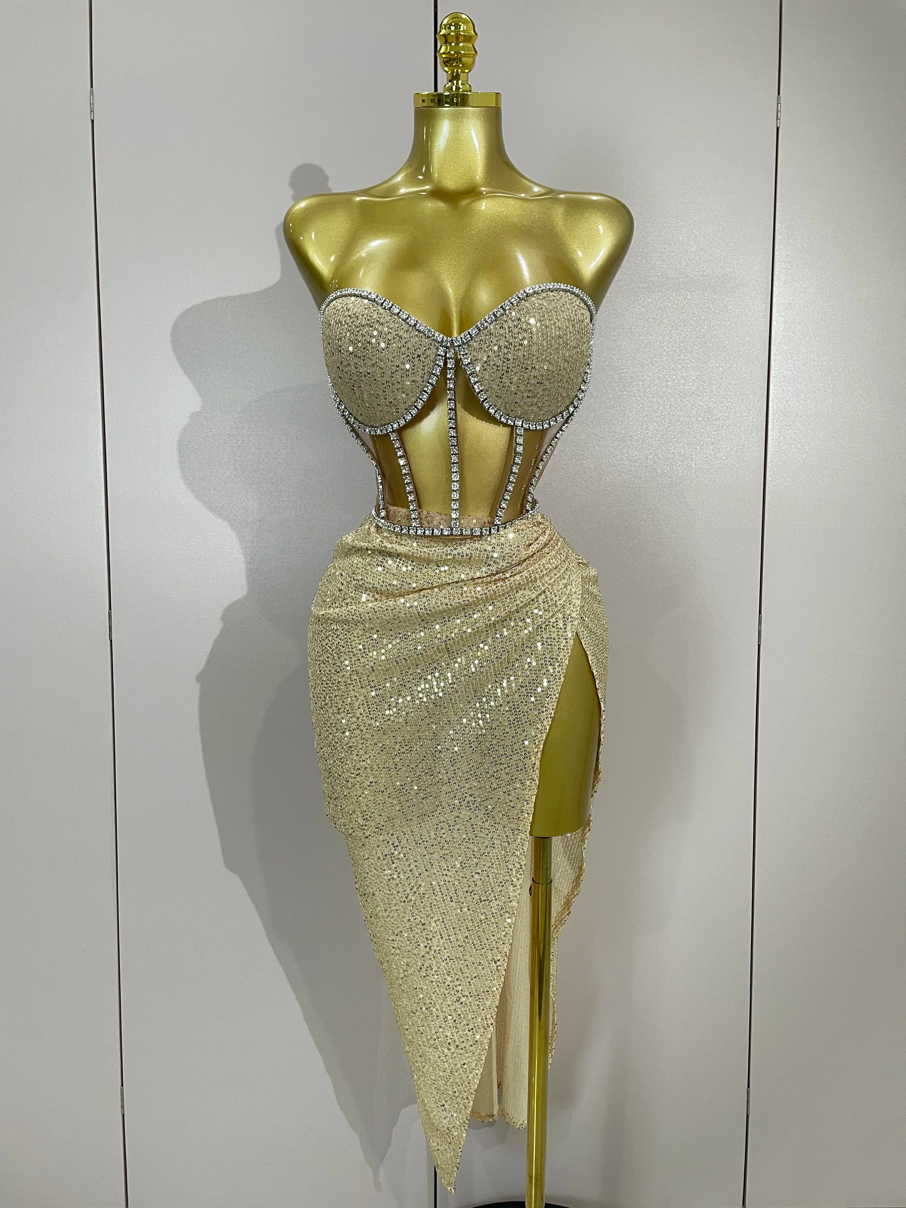 Sparkly Sequins Diamond Birthday Party Two Piece Set Evening Dress Women Sexy Singer Dancer NightClub Bar Performan Costume Khaki