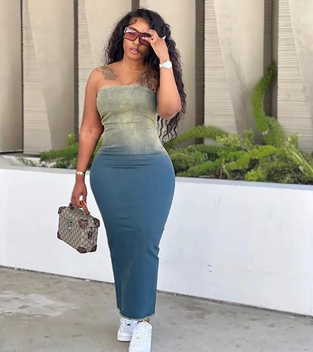 Gradient Denim Corset Slit Midi Dress - VelvetHem