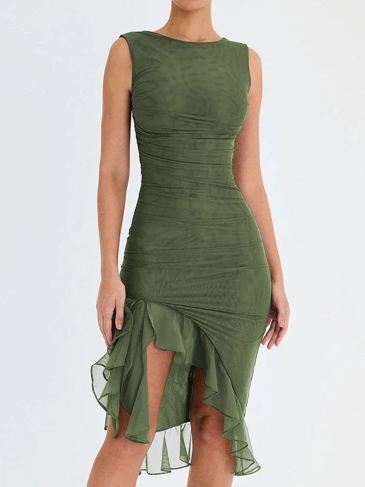 Elegant Ruffle Ruched Backless Midi Dress - VelvetHem