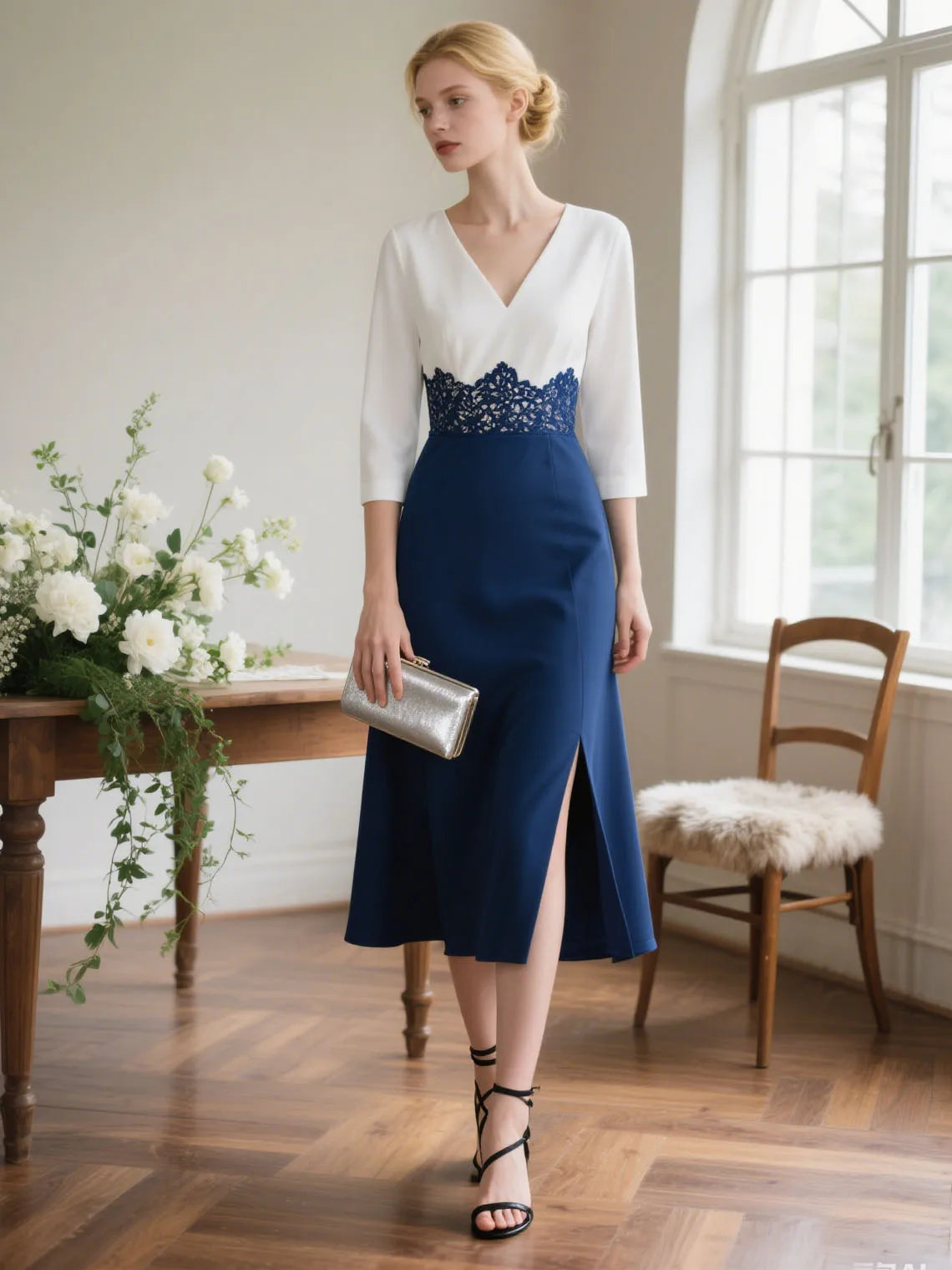 Mother Of The Bride Dress - Sexy Modern A-Line V Neck Mother of the Bride Dress Tea Length 3/4 Sleeve Appliques Slit Evening Dress Free Customized Blue