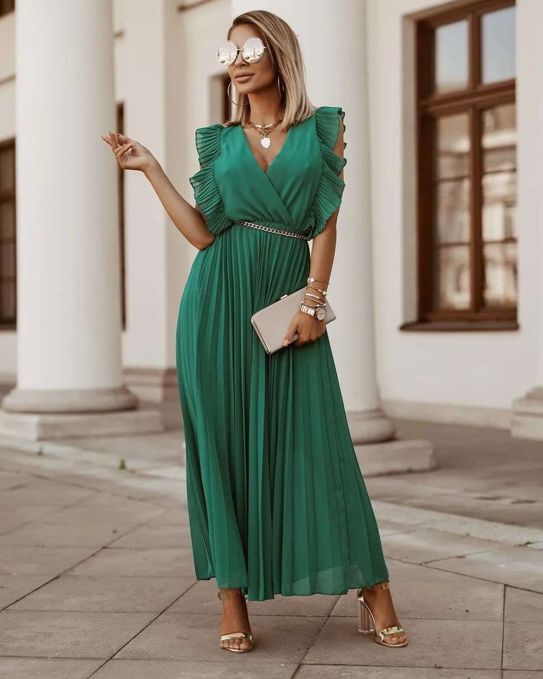 Catalina Chic Green Maxi Dress with Pleats Boutique Collection
