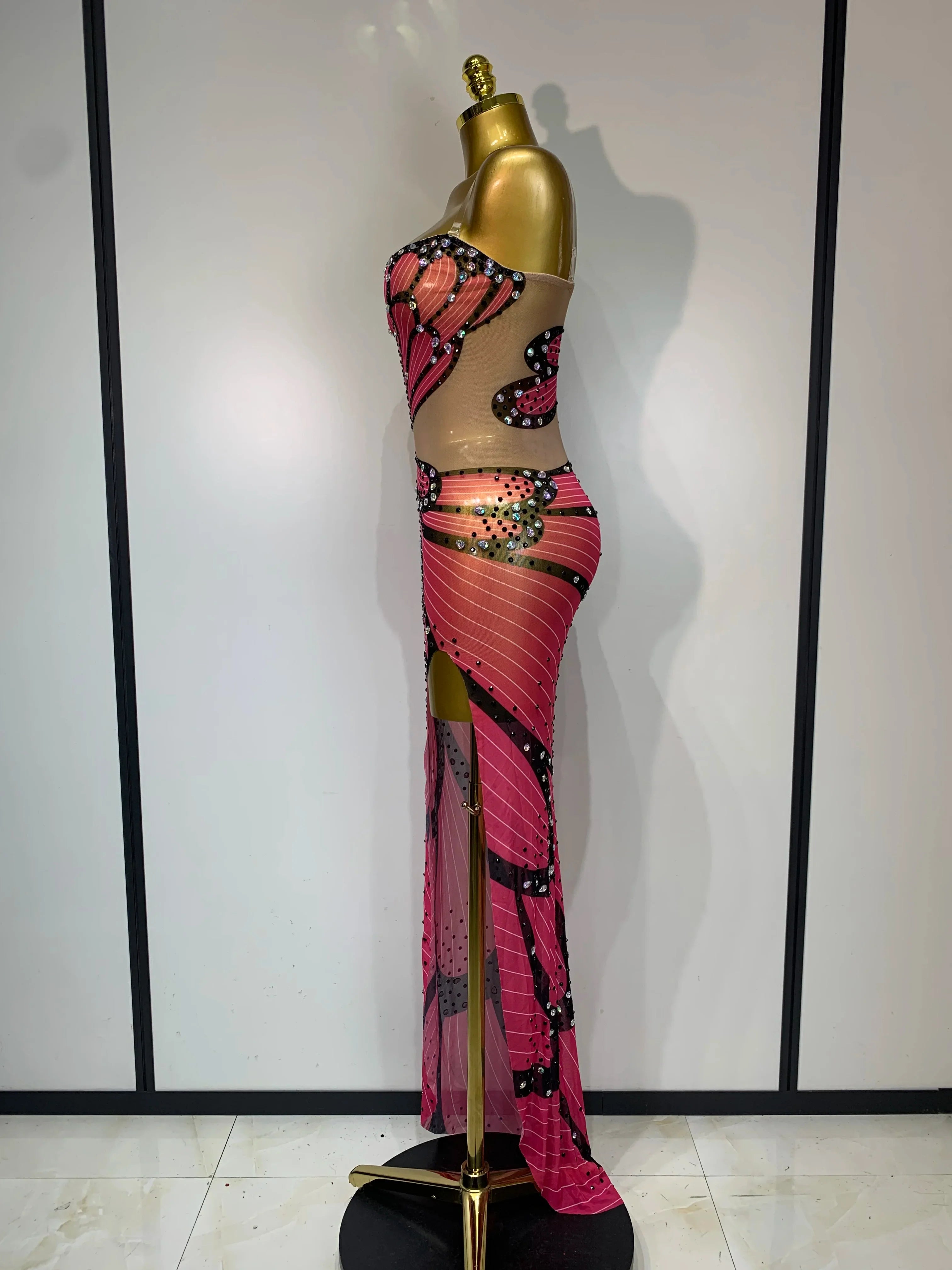 Women Sexy Backless Sparkly Rhinestones Mesh See Through Maxi Dress Luxury Birthday Singer Stage Costume Evening Party Vestido