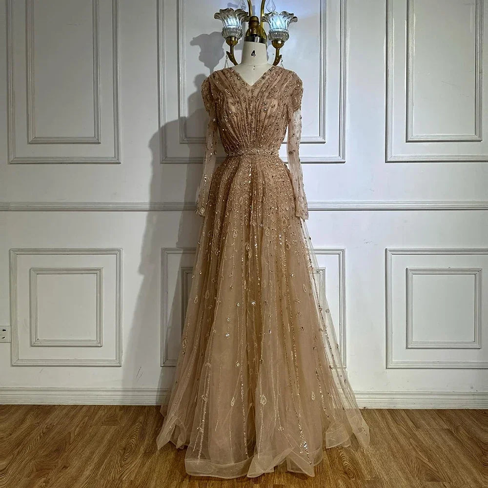 Saudi Arabic Elegant Nude A-Line Beaded Evening Dress Gown For Wedding Occasion 2025 DLA71803D Customized (ZD17240)