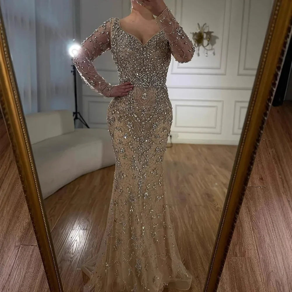 Zapdress Turquoise V-neck Long Sleeve Mermaid Beaded Evening Dresses 2025 Luxury Party Gowns for Women DLA73042 Customized (ZD17314)