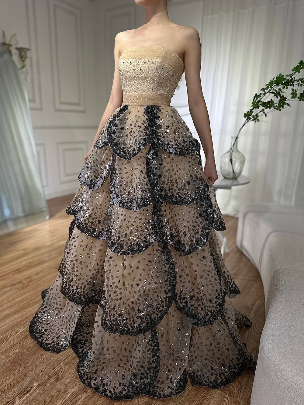 Zapdress Customized 2025 Black Nude Strapless Evening Prom Dresses Sequined Tiered A-line Party Gowns for Women DLA72505A (ZD17188) - View 3 | VelvetHem