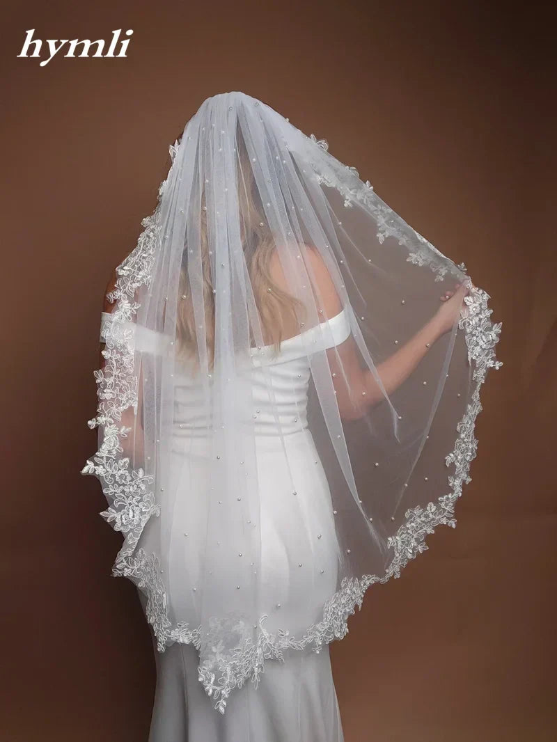 White , Light Ivory 1 Tier Pearl Veil Lace Fingertip Length Bridal Veil
