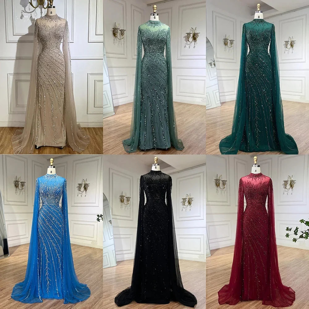 Zapdress Customized Caramel Mermaid Beaded Cape Sleeves Evening Dresses 2024 Dubai Party Gowns for Women Wedding DLA71885A (ZD17280)