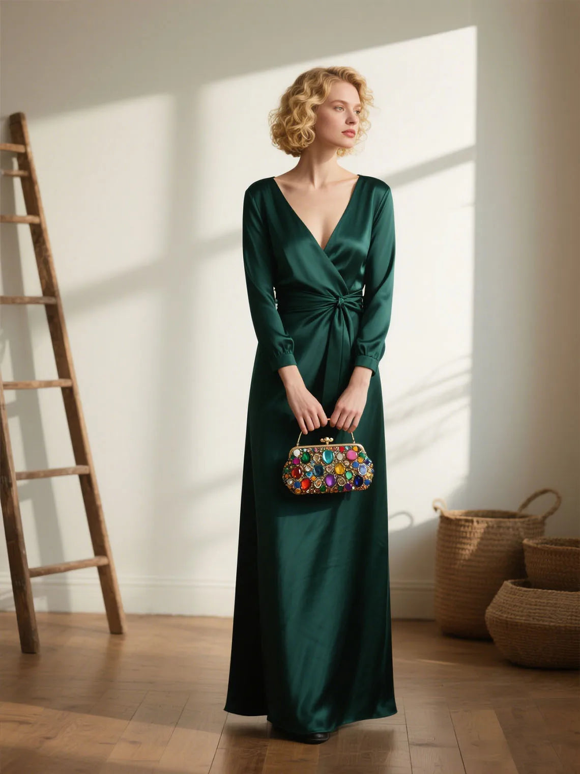 Mother Of The Bride Dress - Sexy V Neck Long Sleeves Satin Evening Dress High Split Elegant Ankle Length Mother of the Bride Dress free customized