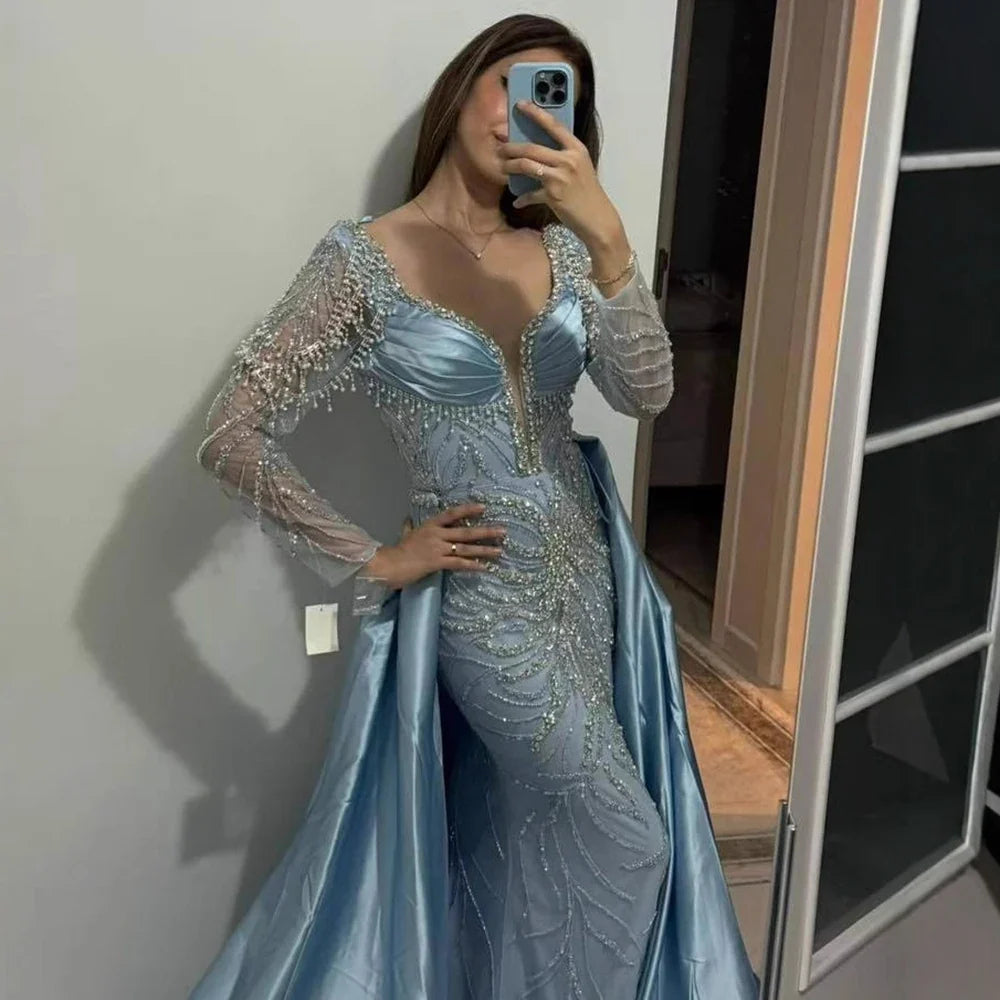 Zapdress Customized 2026 High-end Beaded Blue Long Sleeves Evening Dress with Overskirt Satin Party Gowns for Women (ZD17332)