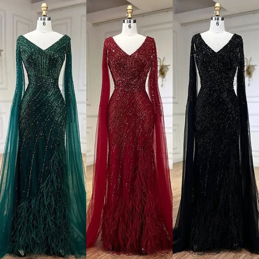 Zapdress Black Mermaid Cape Sleeves Feathers Beaded Evening Dresses Party Gowns with Split for Women DLA72216 Customized (ZD17215)
