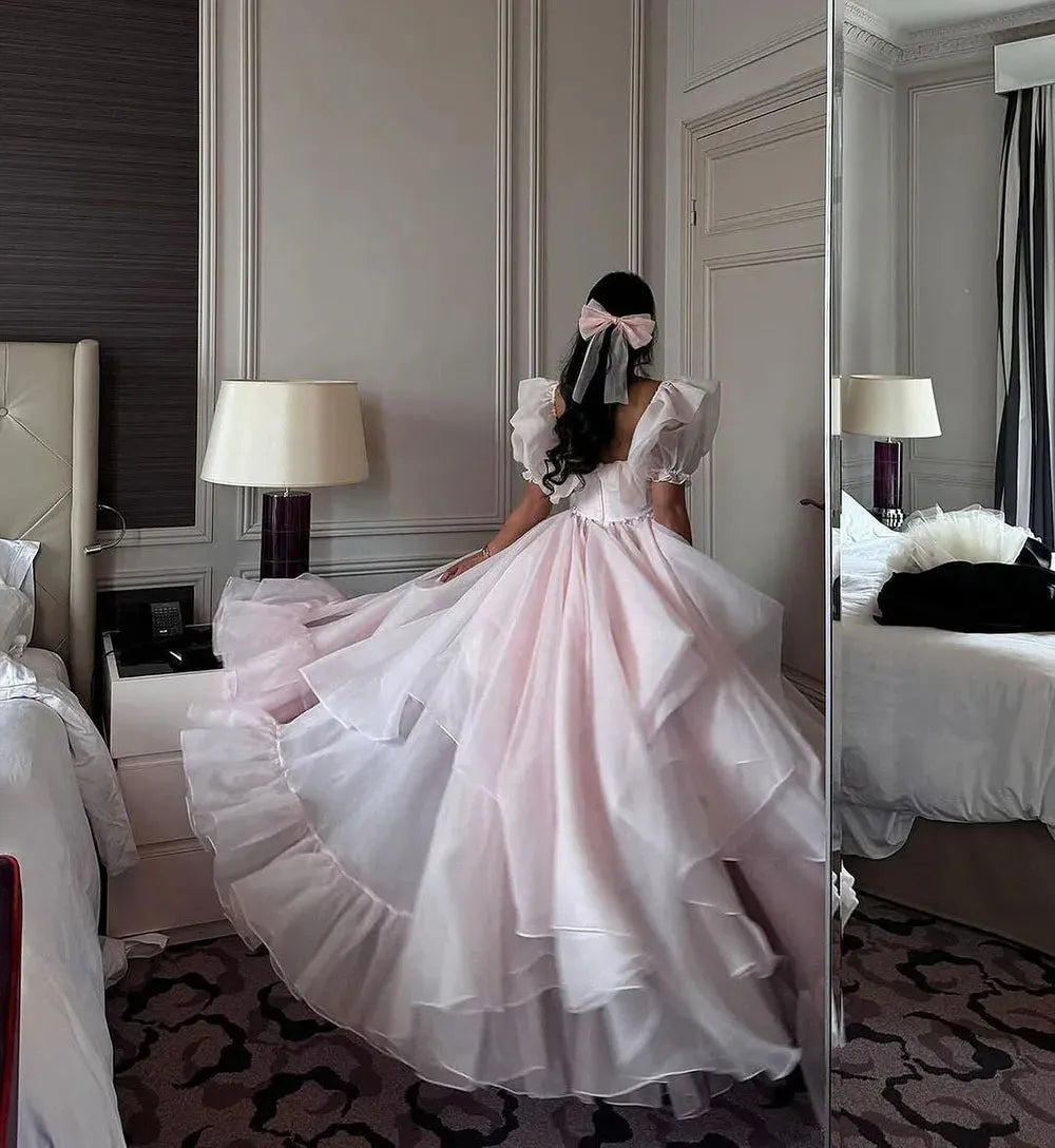 Princess Prom Dresses Cap Sleeves Organza Long Prom Gowns Cap Sleeves Ruched Special Occasion Dress A-Line Party Dress