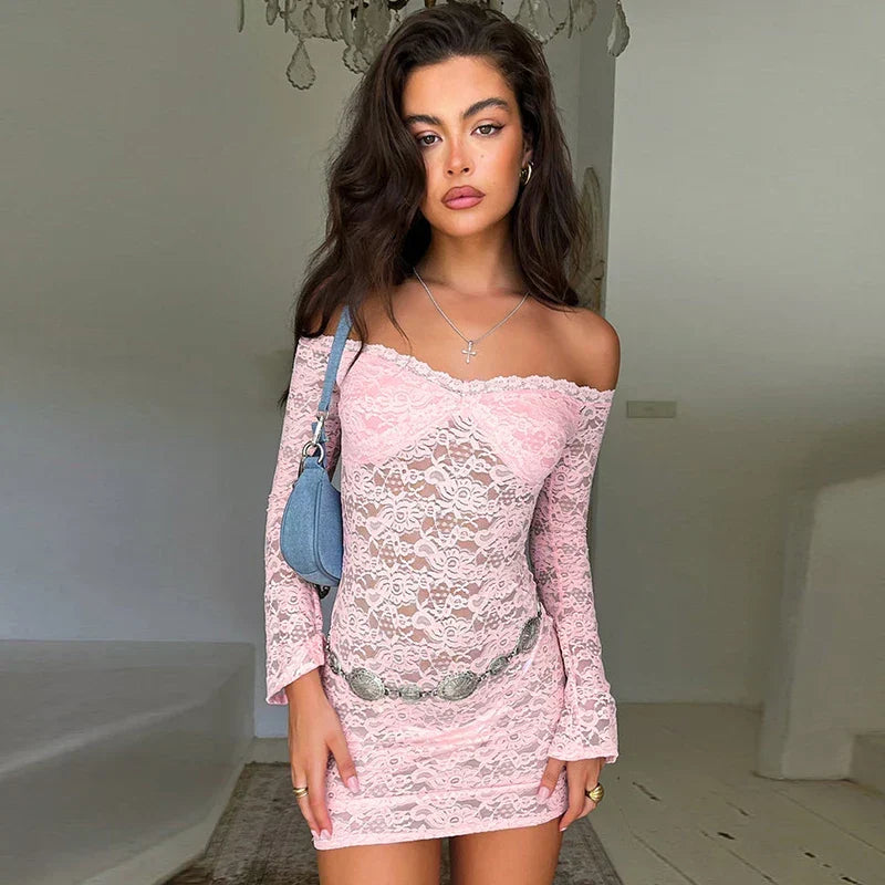 Strapless Solid Long Sleeve Mini Lace Dress - VelvetHem