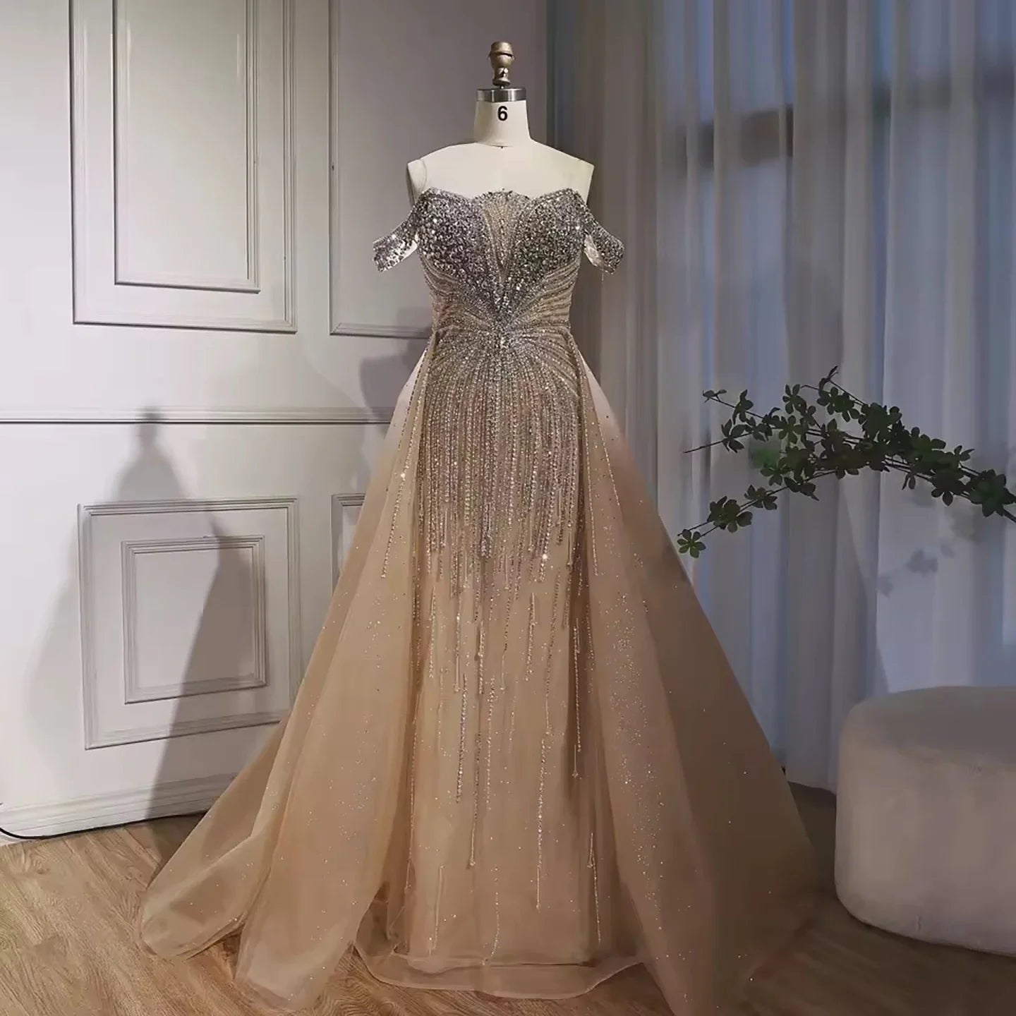 Zapdress Green Mermaid Beaded Evening Party Gown 2026 Elegant Off-Shoulder Runway Dress with Overskirt Customized (ZD17288)