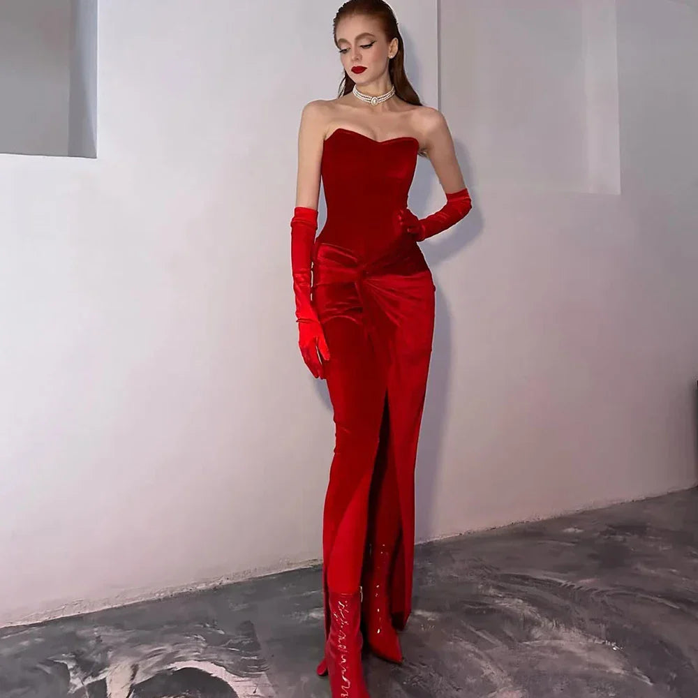 Backless Red Dress Strapless Sleeveless with Slit