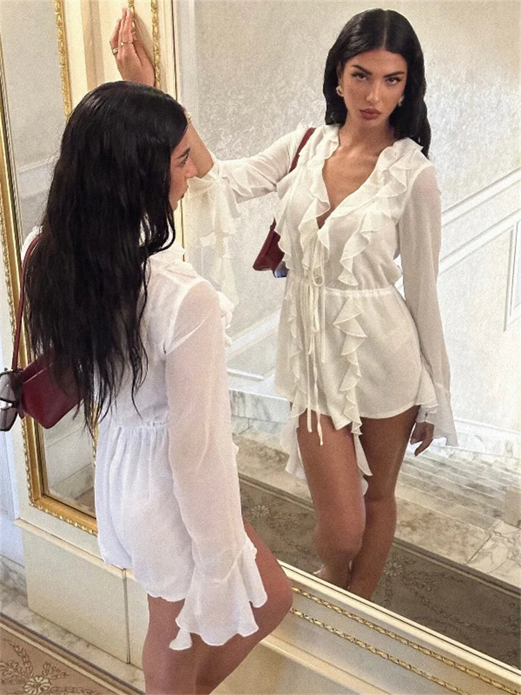 White Ruffled Sexy Mini Dress Women's Lace Up See Through Long Sleeve Fashion V Neck Party Dress Female Bandage Mini Dress