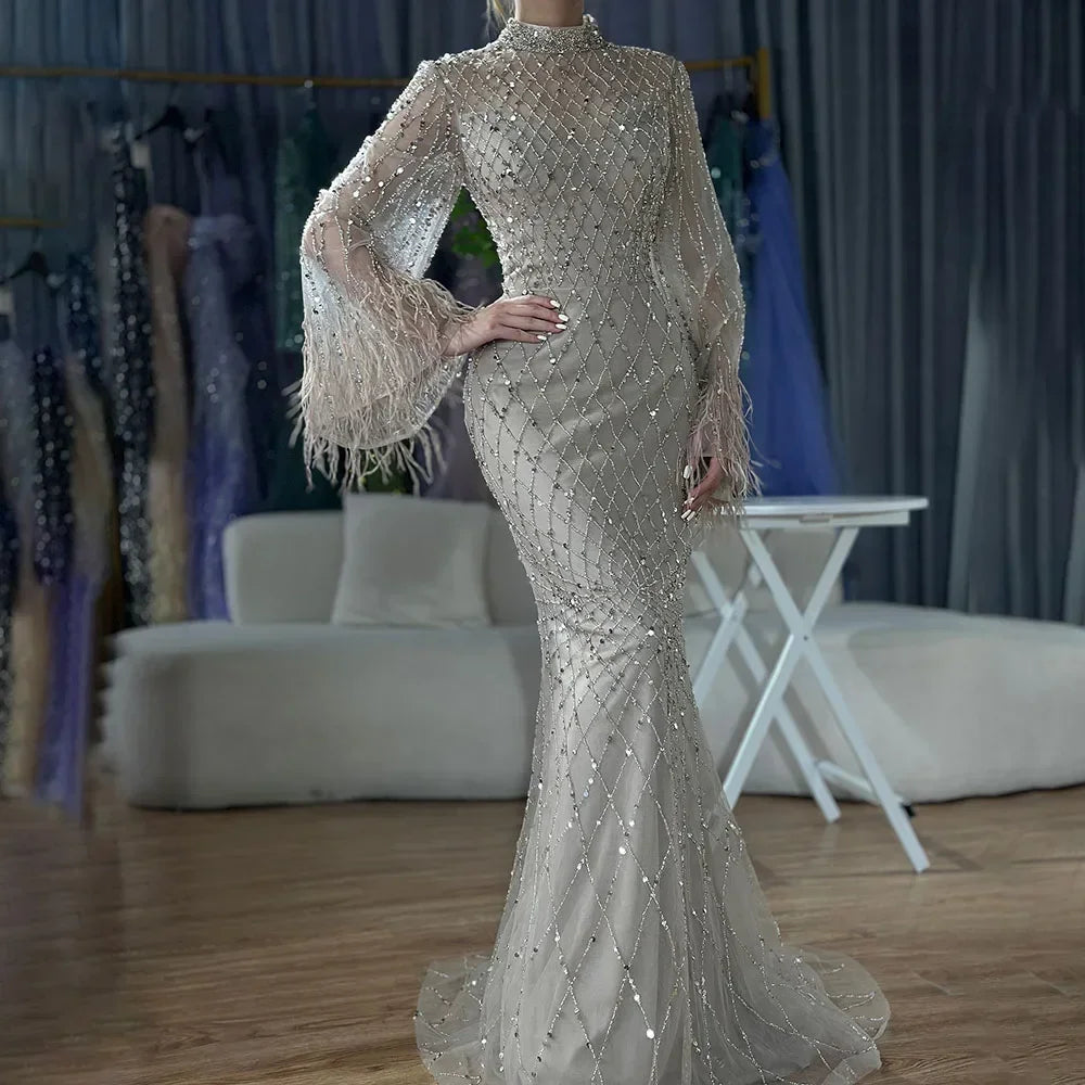 Customized 2025 Dubai Green Grid Cut Out Lace Beaded Feathers Sleeves Elegant Dresses Gowns for Formal Occasion DLA72394A (ZD17185)