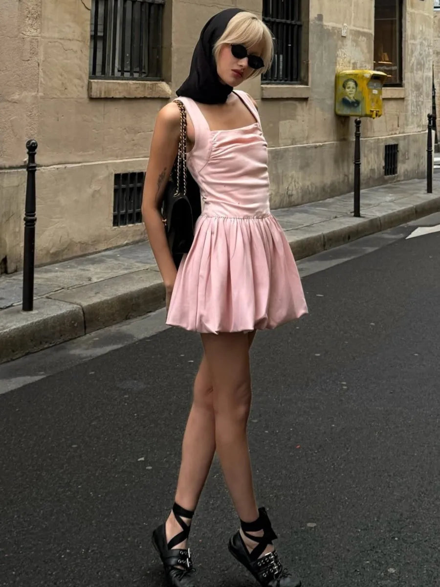 Spring Pink Sweet Mini Dress Women Square Collar Sleeveless Short A line Vestidos Elegant Fashion Casual Female Dresses 2025