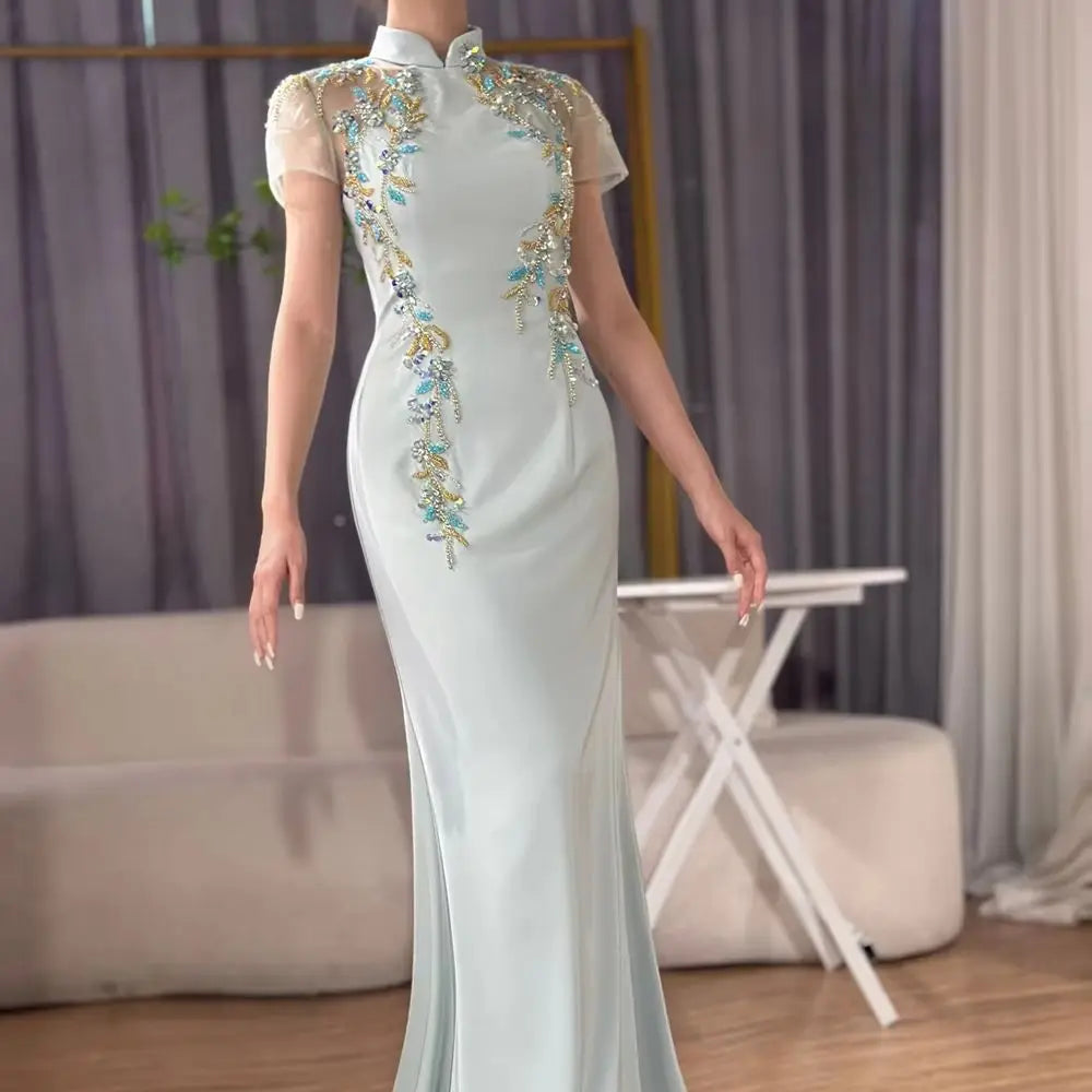 Zapdress Customized 2025 Saudi Mint Mermaid Beaded Satin Evening Dress Gown with for Formal Occasion (ZD17308)