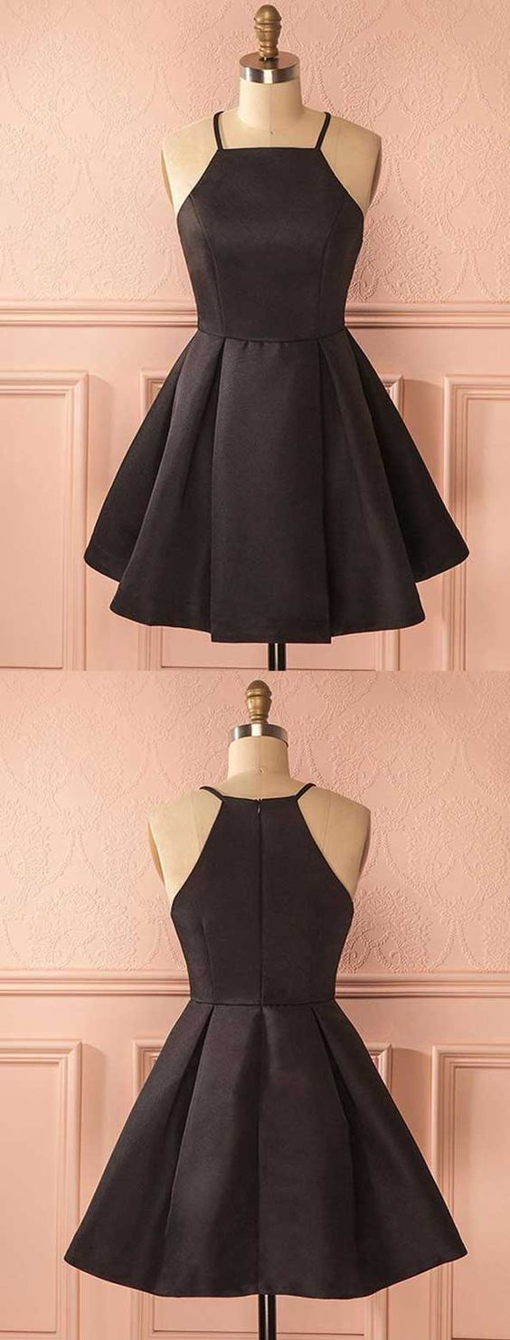 A-Line Square Neck Short Satin Black Homecoming Dress with Pleats - FashionDia