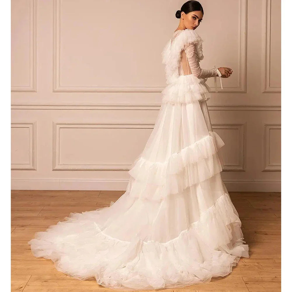 Elegant Off White Evening Dress Long Sleeve Tiered Tulle Wedding Party Newest Formal Occasion Gowns